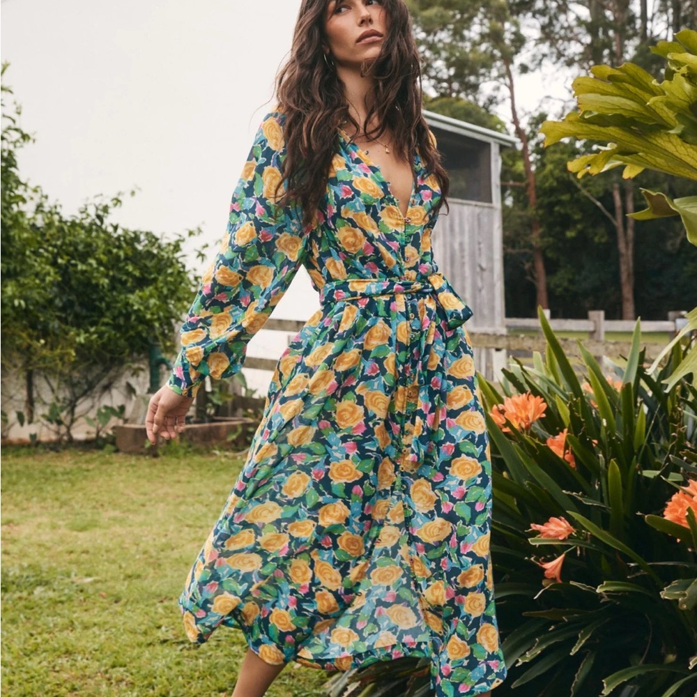 Spell Teal Floral Midi Dress with Yellow Rose Print